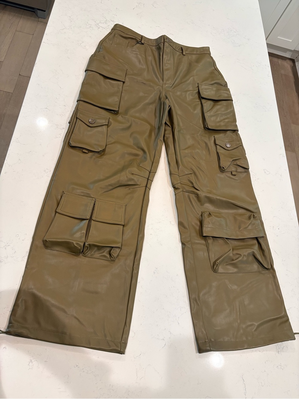 Women’s Faux Leather Cargo Utility Pants - Olive Green